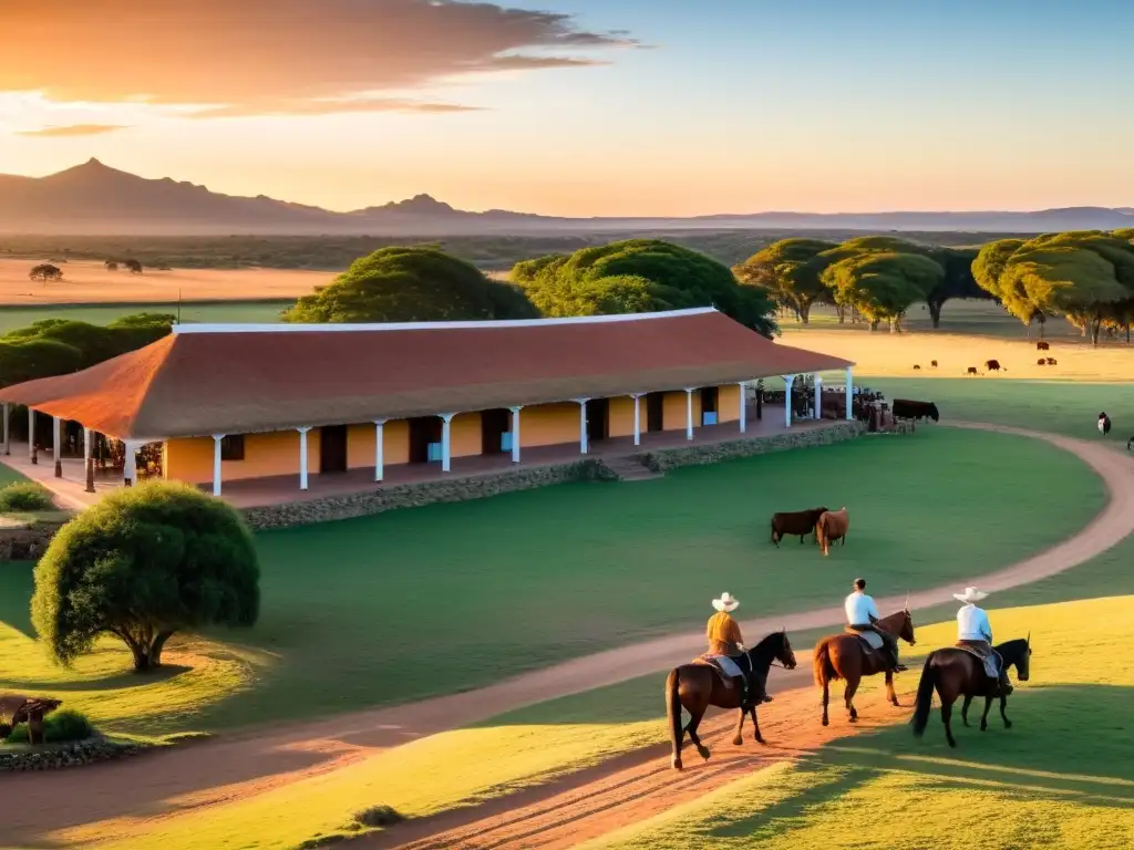 Turismo de estancias en Uruguay: vista panorámica al atardecer de una estancia, con gauchos, ganado y colinas verdes