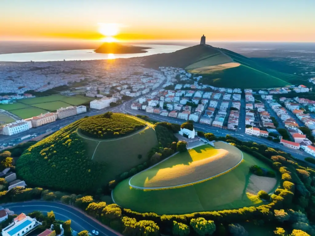 Turismo en Piriápolis, Uruguay, vista aérea al atardecer: océano resplandeciente, colinas verdes, arquitectura colorida y marina bulliciosa