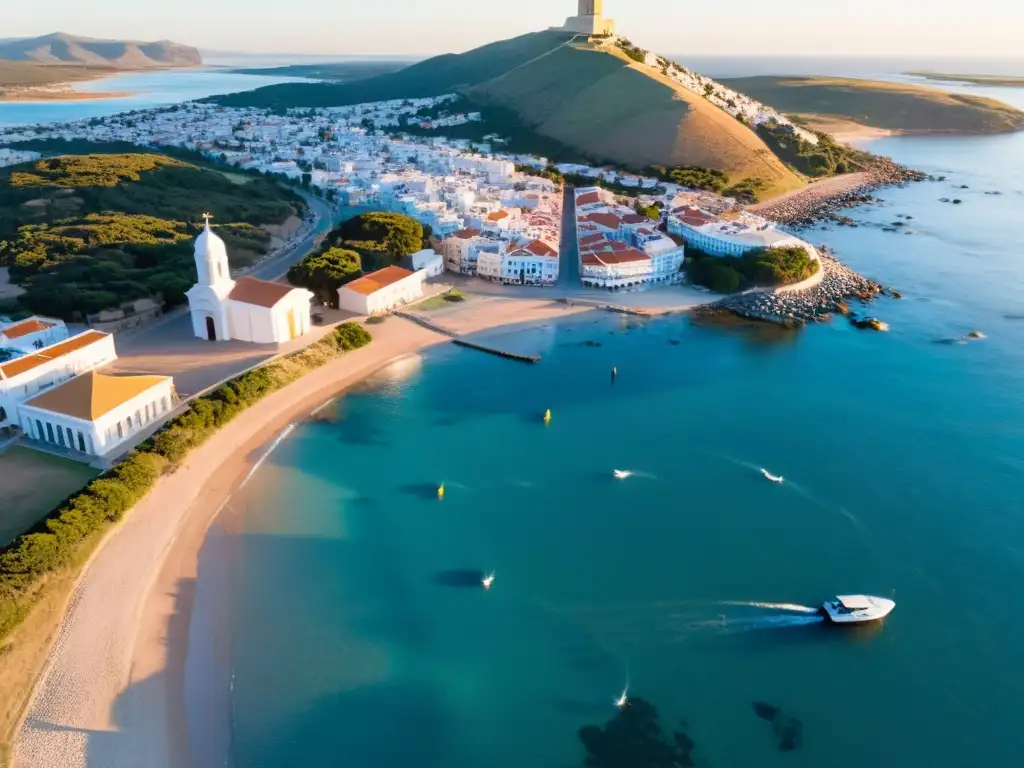 Turismo en Piriápolis, Uruguay, vista aérea al atardecer: mar turquesa, playas llenas de vida y el imponente Cerro San Antonio