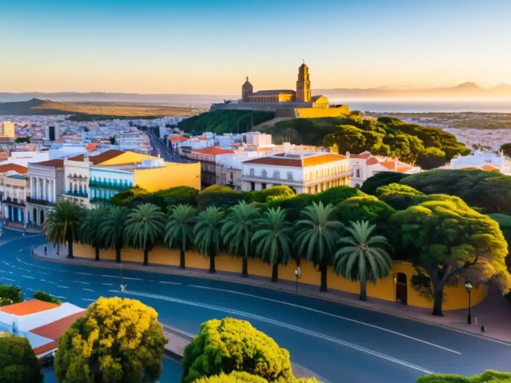 Turismo en Piriápolis, Uruguay: Rambla de los Argentinos bajo un atardecer dorado, barcos pesqueros y el Cerro San Antonio vigilante