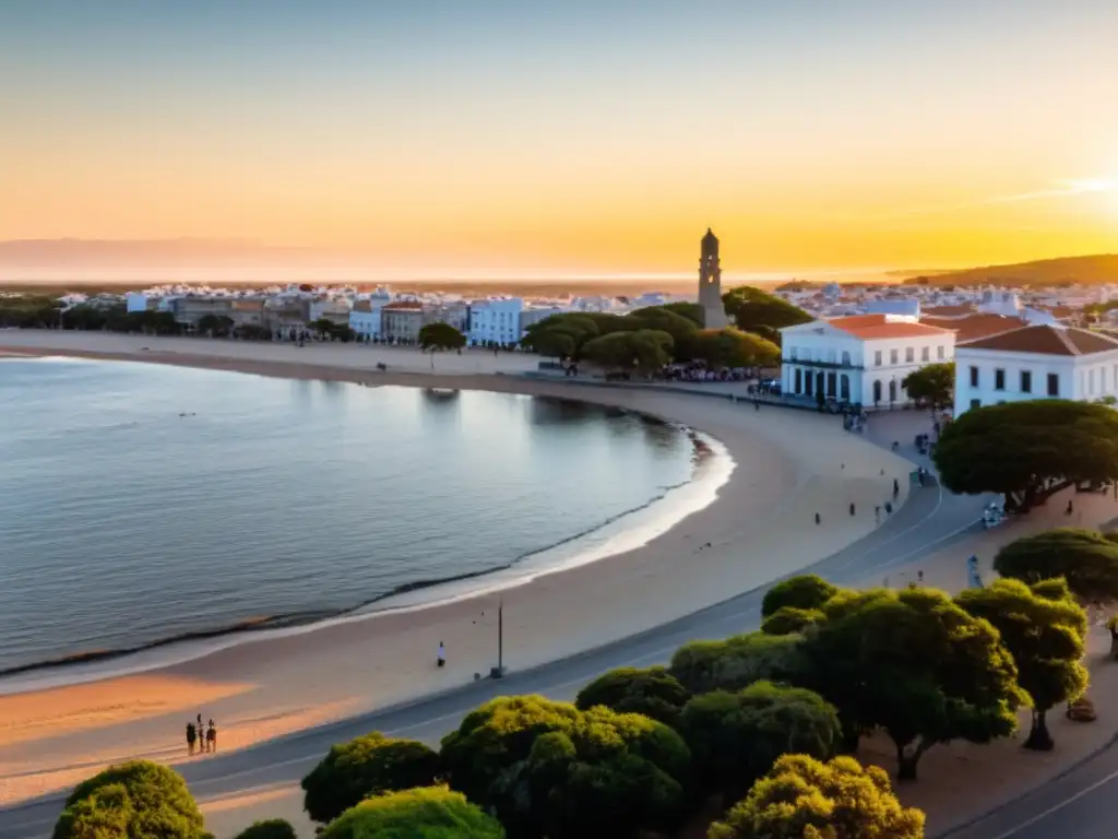 Turismo en Piriápolis, Uruguay: Atardecer dorado en el paseo marítimo lleno de vida, la playa brillante y arquitectura única