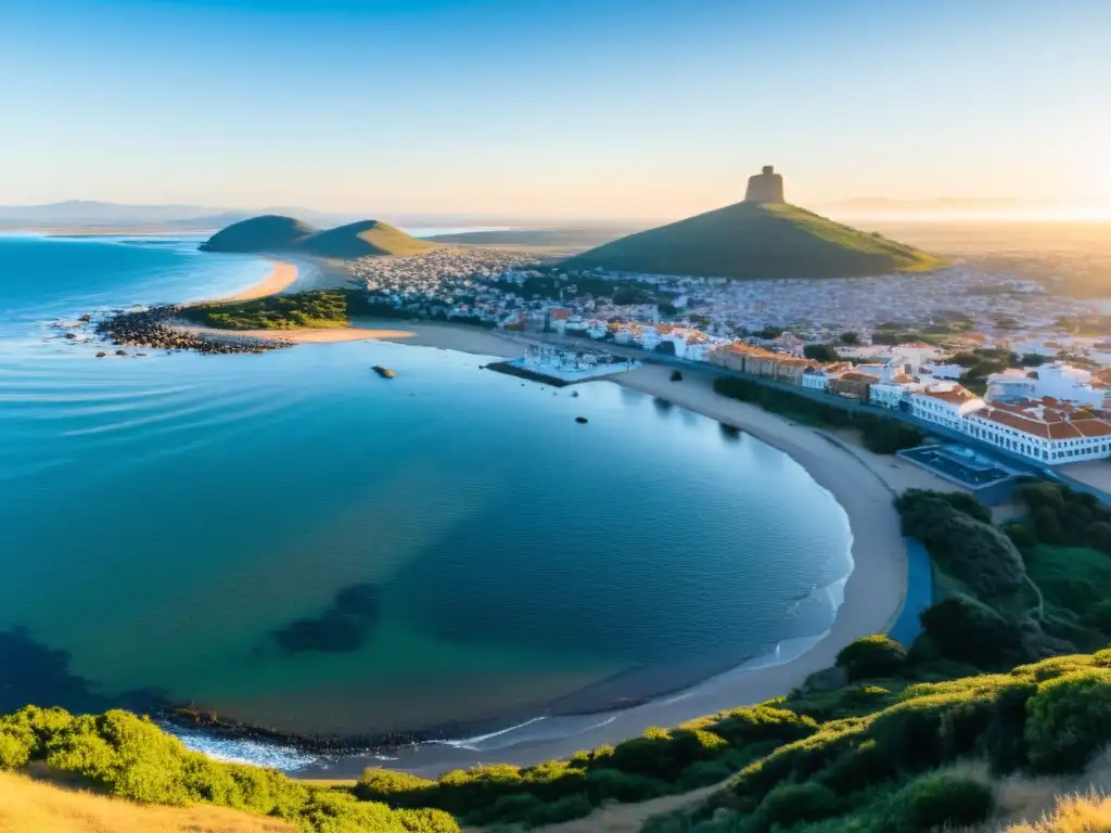 Turismo en Piriápolis Uruguay: vista panorámica dorada del encanto urbano entre mar brillante y verdes colinas al atardecer