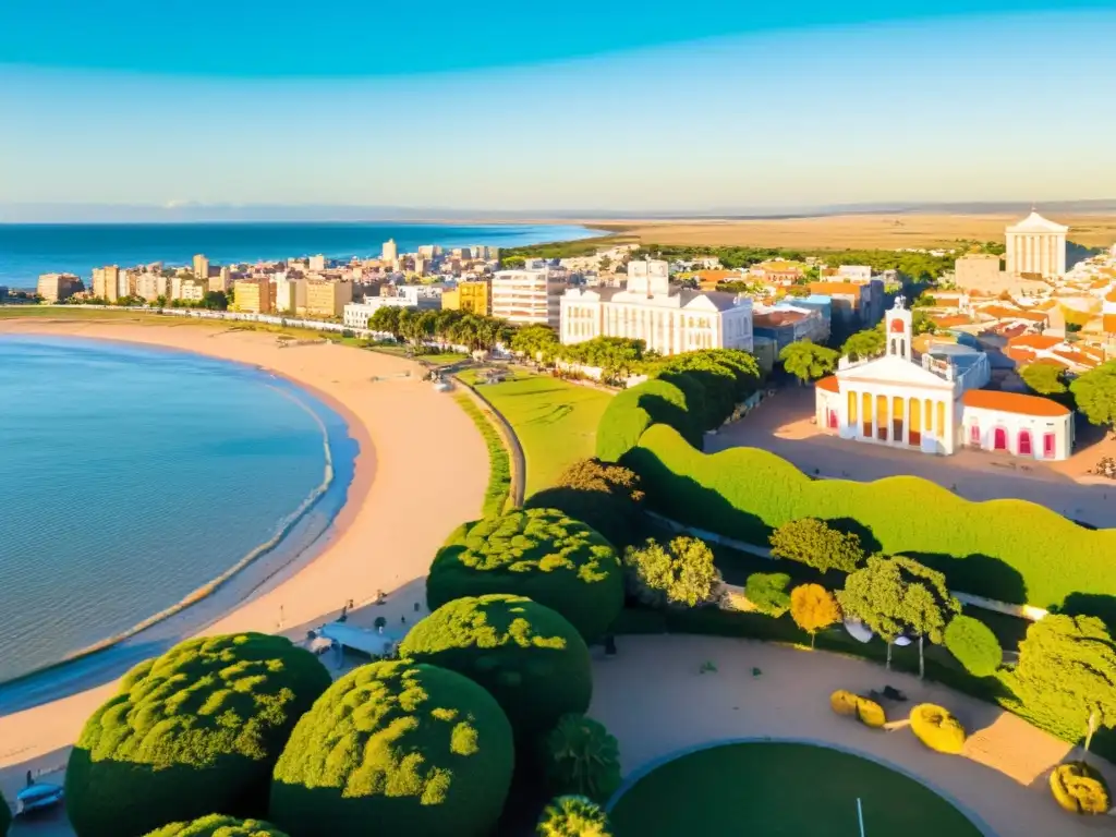 Turismo en Piriápolis Uruguay: Vista panorámica dorada de la playa vibrante, edificios pintorescos y Cerro San Antonio al atardecer