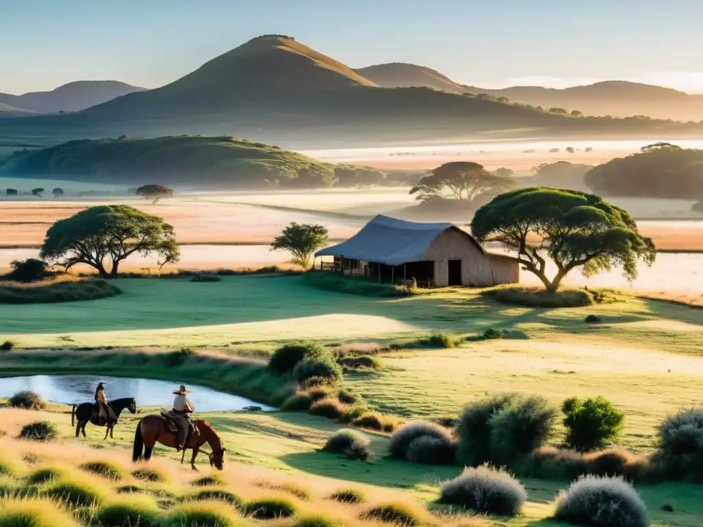 Turismo rural en Uruguay: Gaucho preparando su caballo al amanecer, con una granja acogedora, ganado pastando y el cielo pintado con tonos suaves