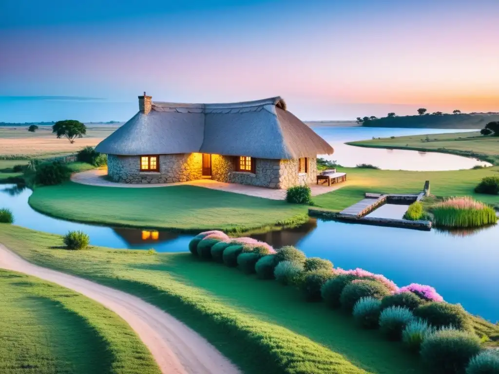 Turismo rural encanto Uruguay, una cabaña rústica en un paisaje idílico al amanecer, rodeada de campos verdes y un lago sereno