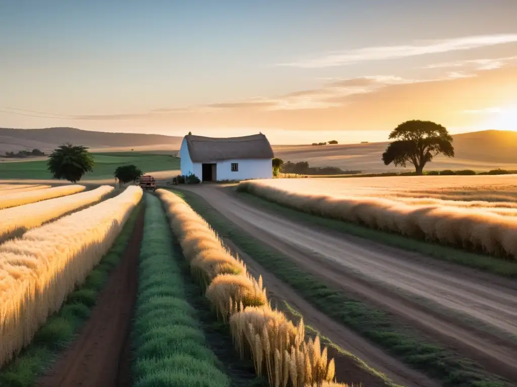 Turismo rural encanto Uruguay: camino serpenteante hacia granja blanca, prados dorados al atardecer, viñedos y colinas verdes