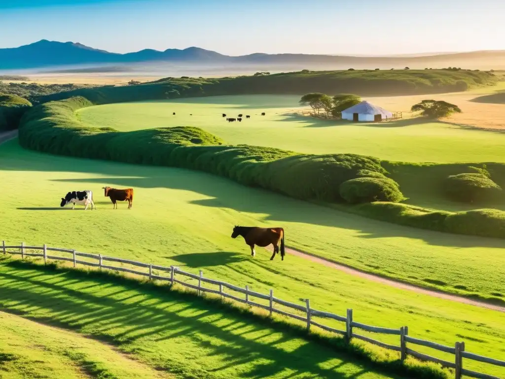 Turismo rural encanto Uruguay: amanecer idílico con gaucho, estancia tradicional y vacas pastando en las verdes pampas