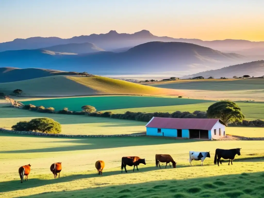 Turismo rural encanto Uruguay: paisaje uruguayo al atardecer, campos verdes, granjas rústicas, ganado pacífico y montañas azules