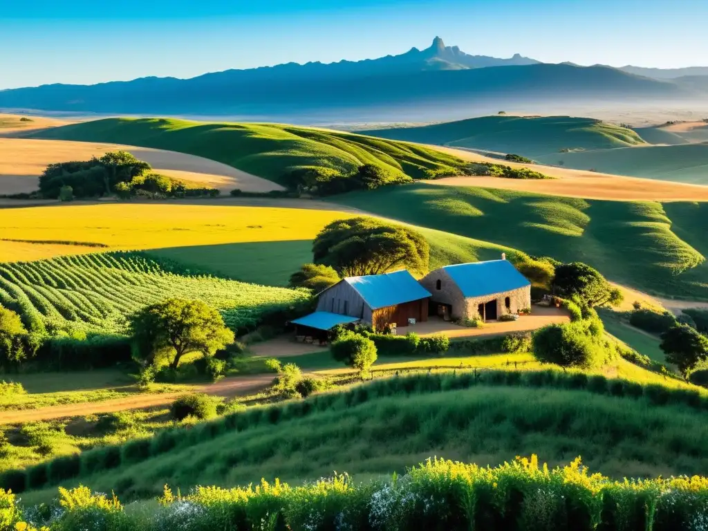 Turismo rural encanto Uruguay: paisaje verde bajo el atardecer, granjas rústicas, flores y locales disfrutando de actividades campestres