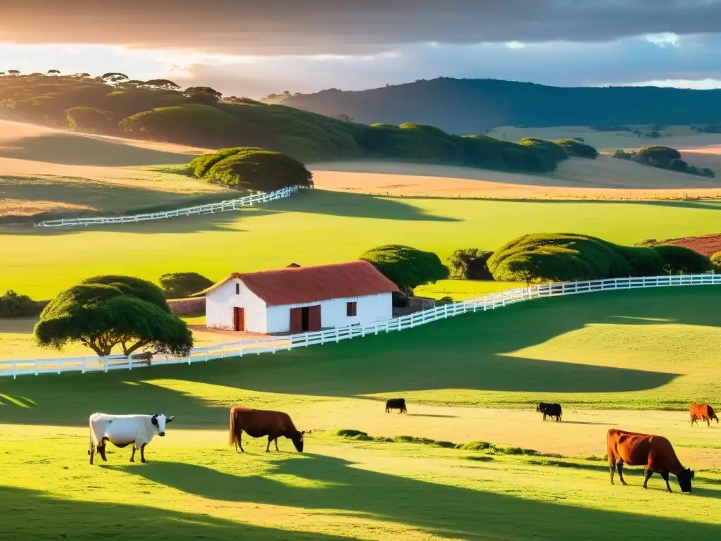 Turismo rural Uruguay: estancia encantadora en la hora dorada, rodeada de pacíficas vacas y jacarandas en flor, con el Atlántico al fondo