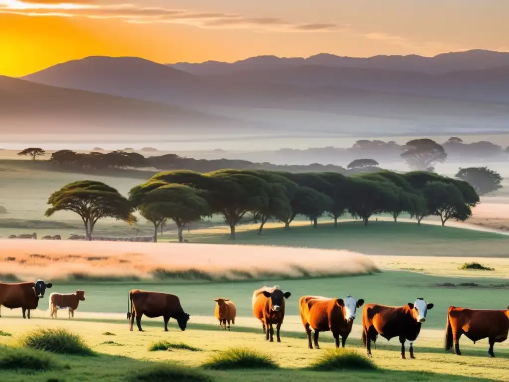 Turismo rural Uruguay: estancias de belleza inigualable al amanecer, con pastizales ondulantes, ganado Criollo y casas rústicas