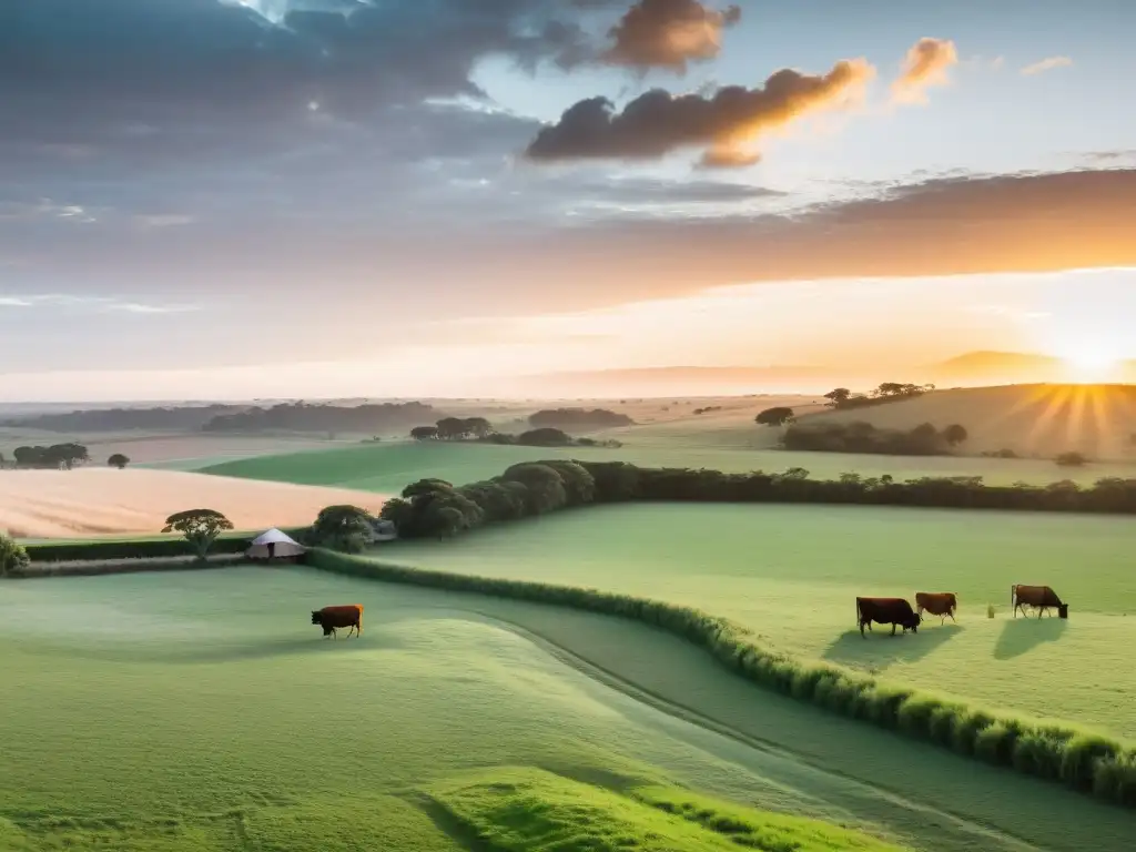 Turismo rural Uruguay: estancias de belleza inigualable, amanecer sereno en el campo uruguayo con ganado pastando y montañas al fondo