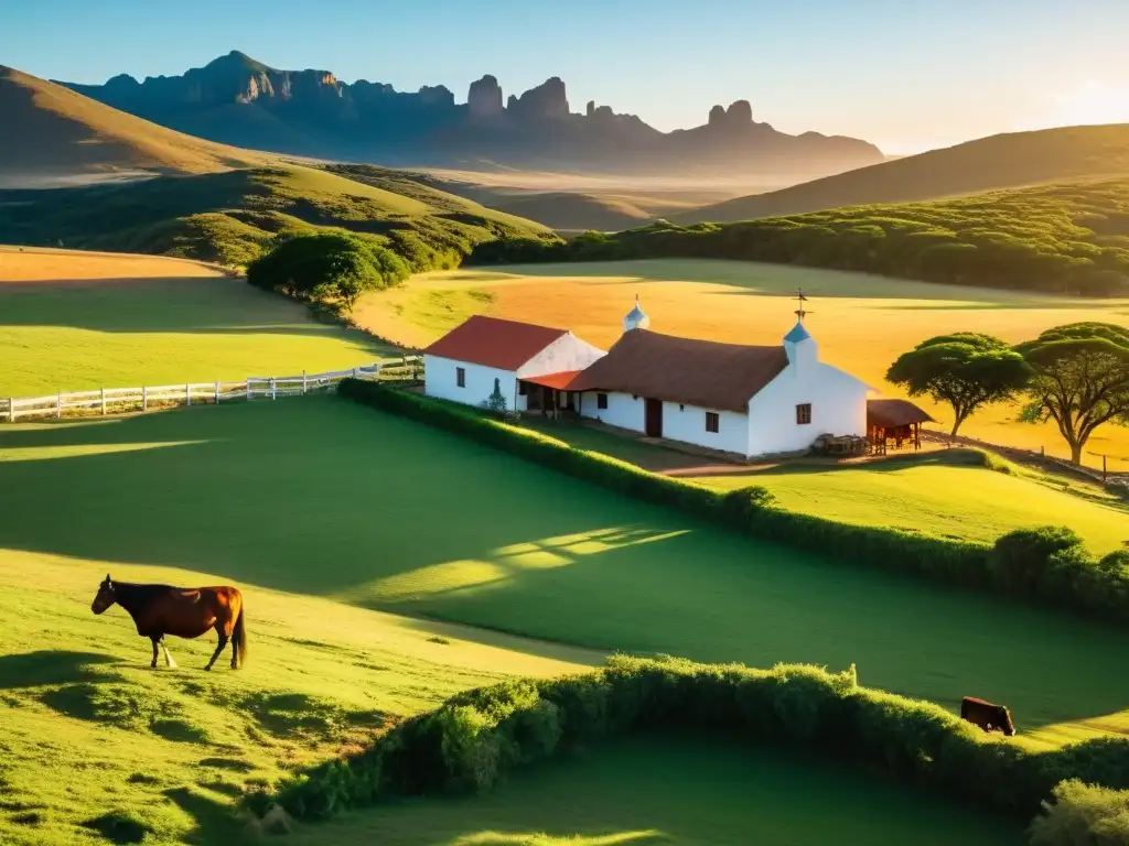 Turismo rural Uruguay estancias belleza: Estancia uruguaya tradicional en la campiña, ganado pastando y gauchos al atardecer dorado