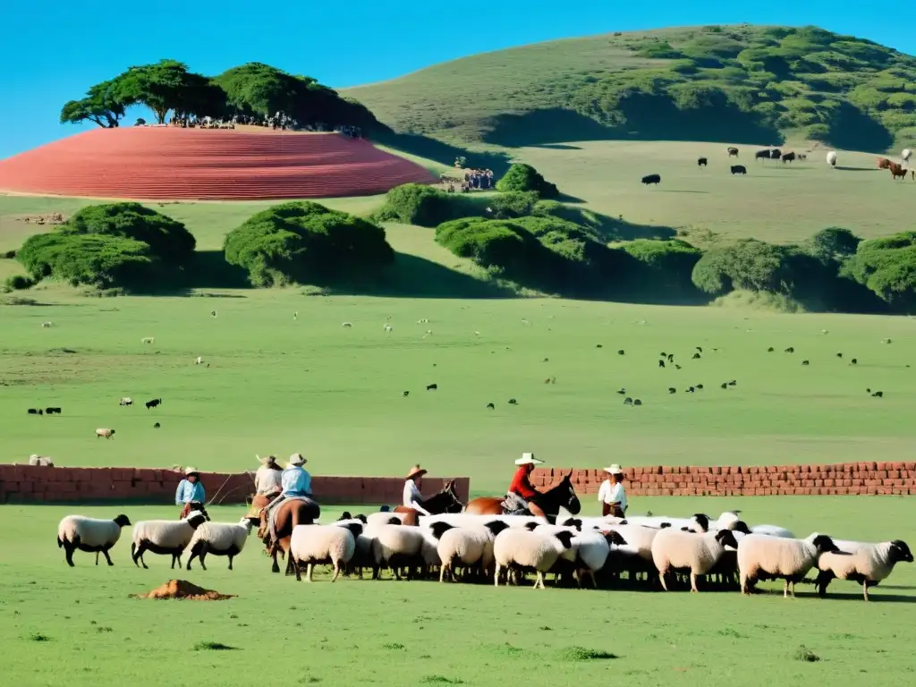 Turismo rural en Uruguay: estancias coloniales, gauchos guiando ovejas y viñedos exuberantes bajo un cielo azul inmenso