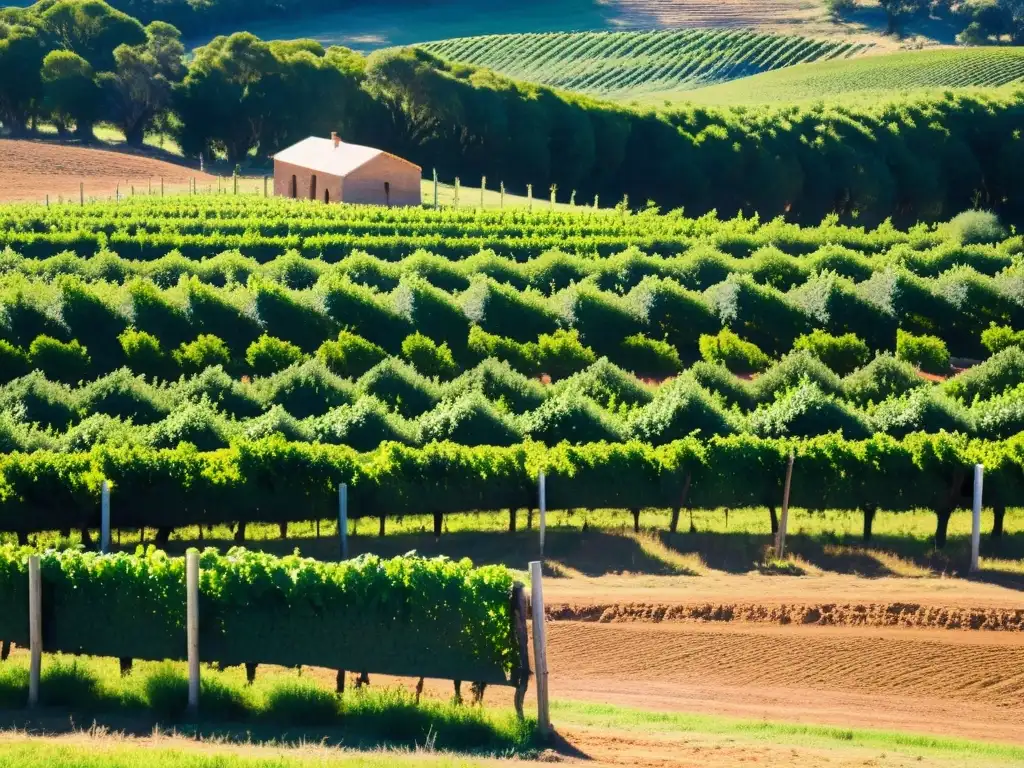 Turismo rural en Uruguay estancias: viñedo floreciente bajo el cielo azul, trabajadores cuidando las vides y visitantes en un tour de vino