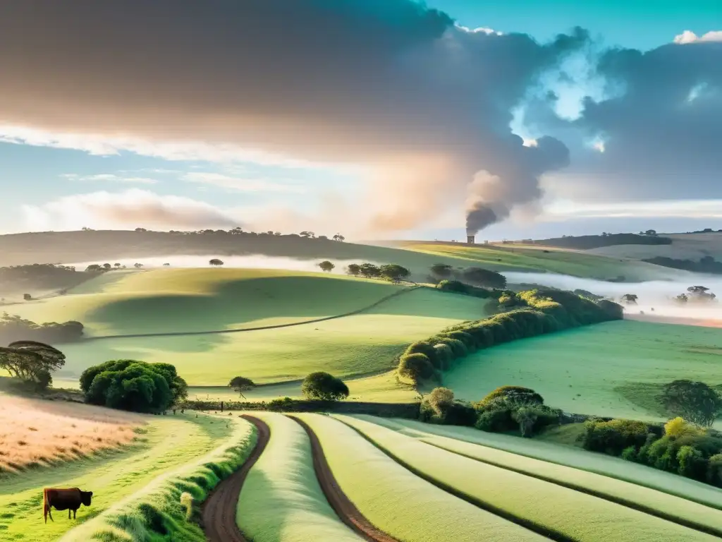 Turismo rural Uruguay experiencias naturaleza: un amanecer panorámico en una campiña verde, con ganado, una casa rústica y un río brillante