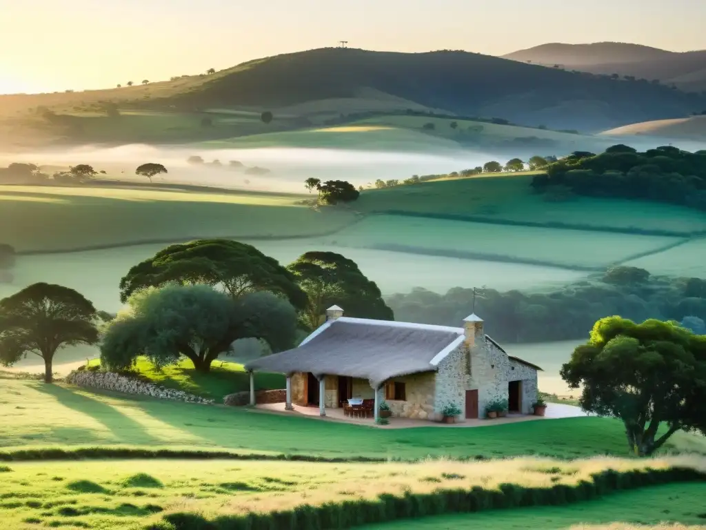 Turismo rural Uruguay experiencias naturaleza: amanecer pastoral sobre el valle verde, con una granja rústica y ganado bajo un cielo rosado