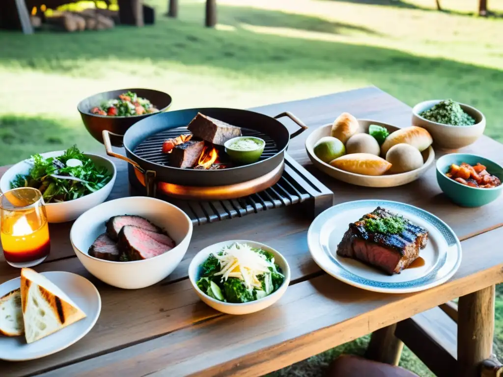 Turismo rural Uruguay experiencias naturaleza: asado en mesa rústica al aire libre, rodeada por verdes colinas y un gaucho cuidando el ganado