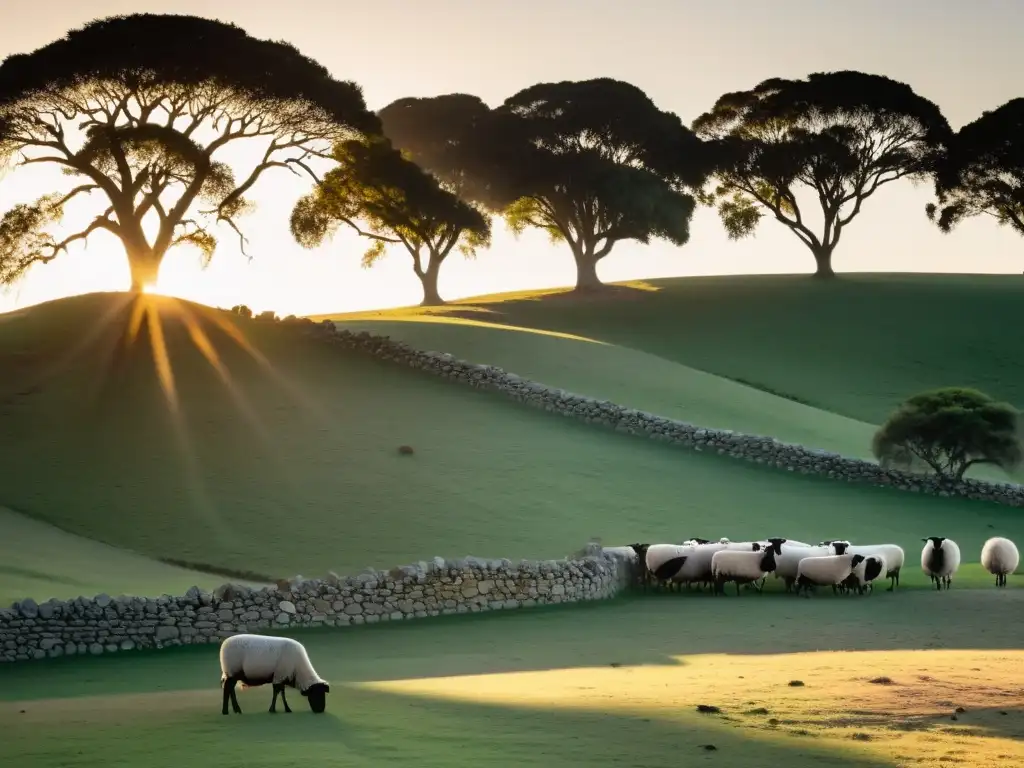 Turismo rural en Uruguay, experiencias de naturaleza con ovejas pastando al atardecer dorado, granja de piedra y cerros lejanos