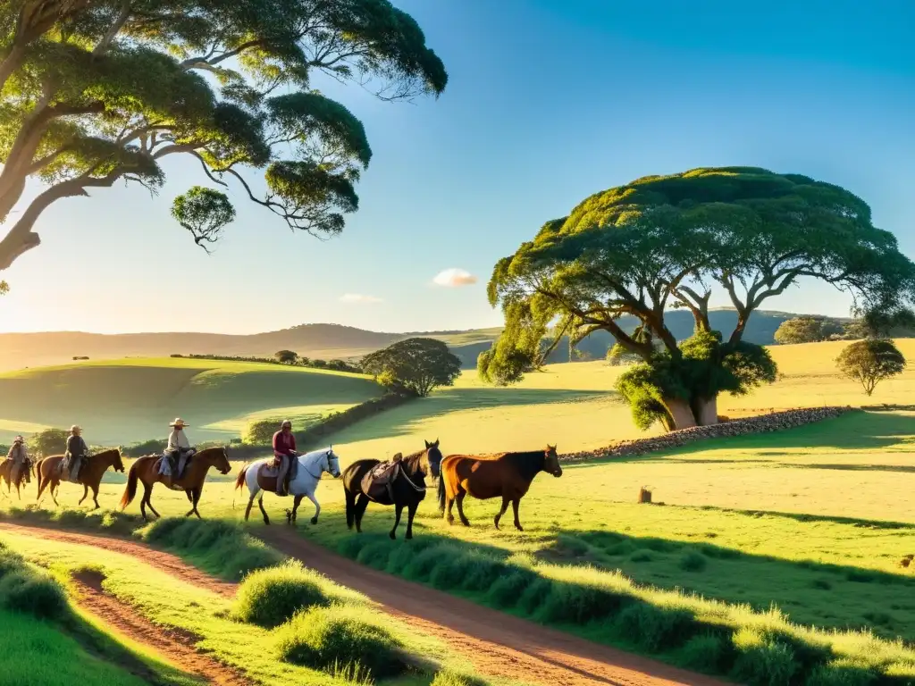 Turismo rural Uruguay experiencias naturaleza: gauchos guiando turistas a caballo por campos dorados al atardecer, cerca de una casa de piedra