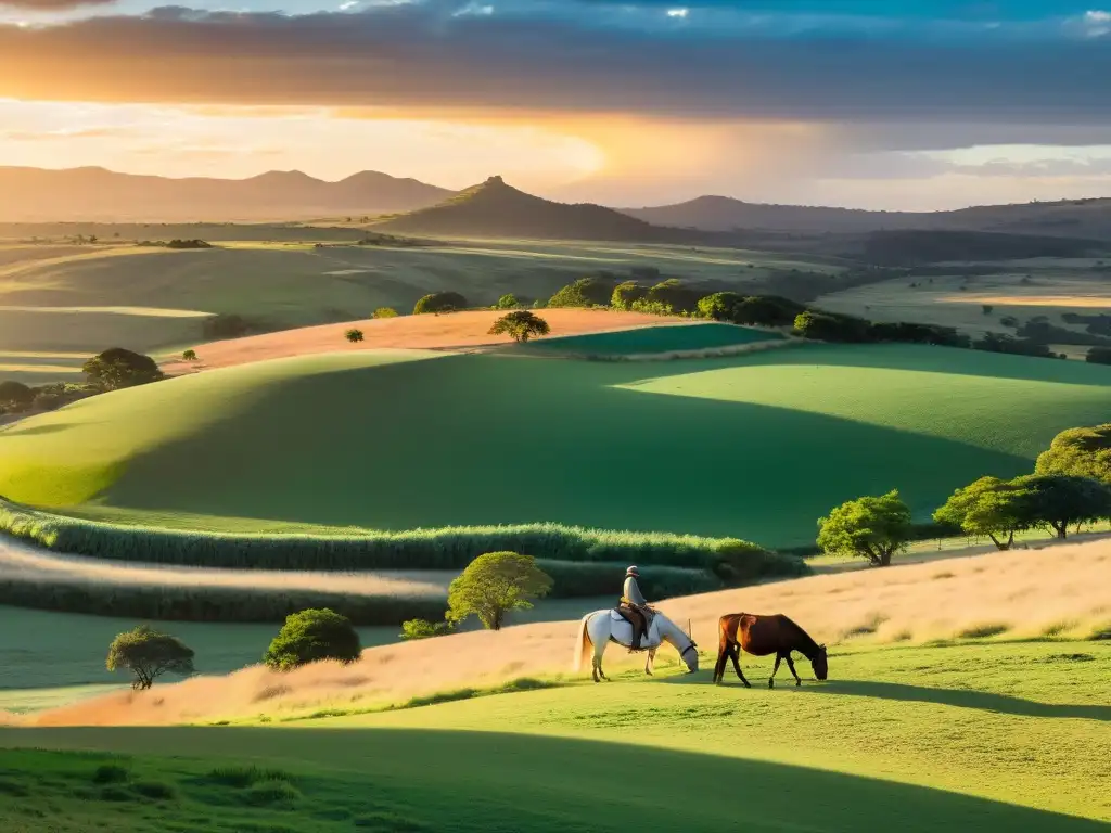 Turismo rural en Uruguay: un gaucho cabalga al atardecer, con campos verdes, ganado y una casa rústica bañados en colores del crepúsculo