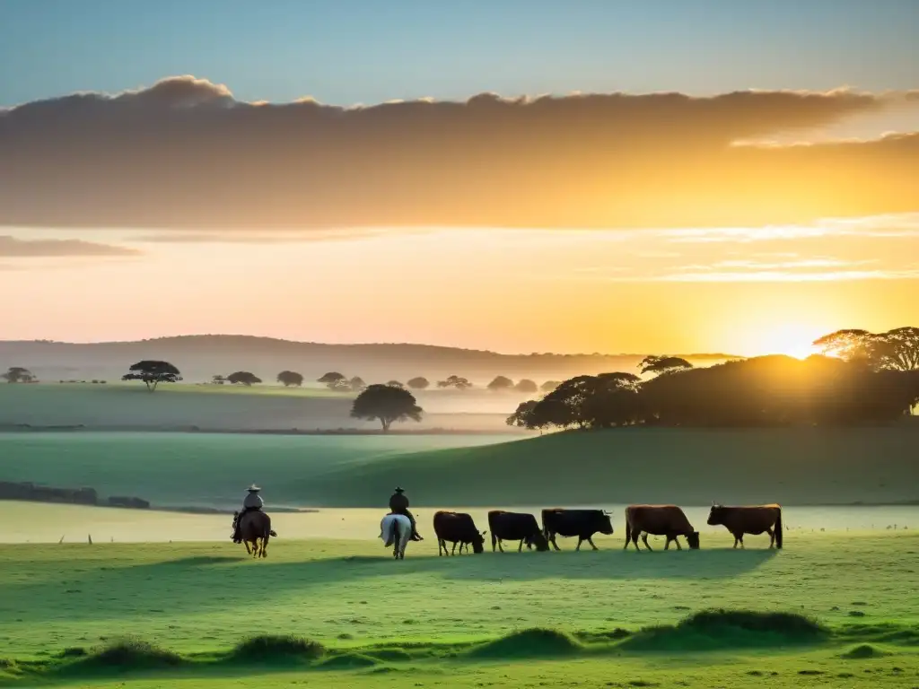 Turismo rural en Uruguay: un gaucho guiando su ganado bajo el amanecer dorado en los vastos pastos verdes