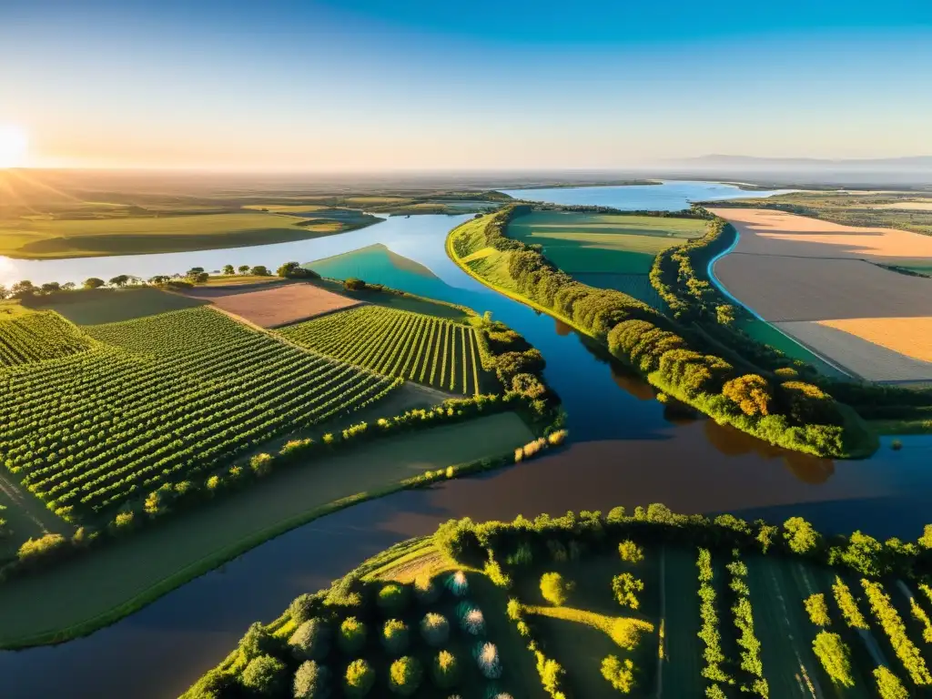 Turismo sostenible en Uruguay impacto: Atardecer panorámico con viñedos ecológicos, Río de la Plata con barcos solares y calles empedradas de Colonia del Sacramento