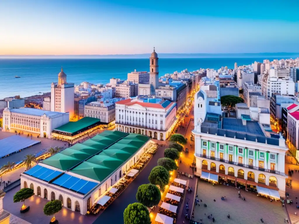 Turismo sostenible en Uruguay impacto: vista aérea de Montevideo al atardecer, con turbinas de viento en la costa y un mercado callejero vibrante