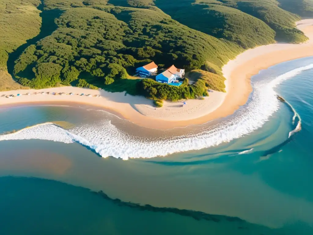 Turismo sostenible en Uruguay impacto: vista panorámica de la costera uruguaya, donde la familia limpia la playa, en un paisaje de energías limpias