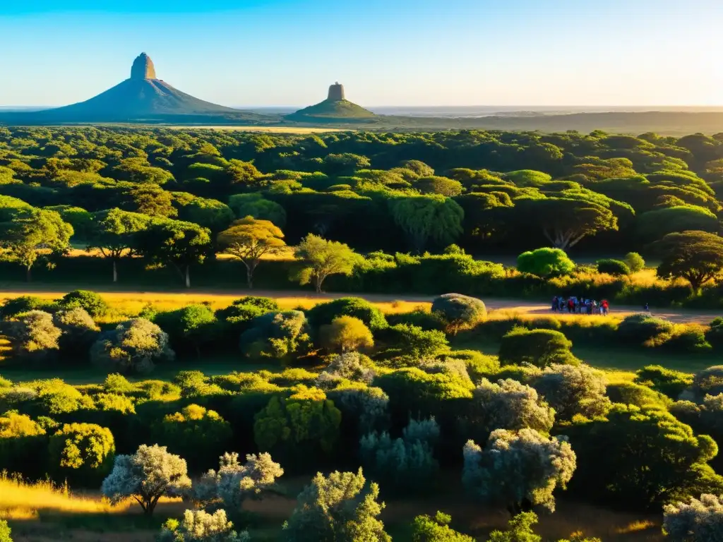 Turismo sustentable en Uruguay: visitantes ecoamigables exploran una floreciente flora bajo un atardecer dorado, con la ciudad a lo lejos