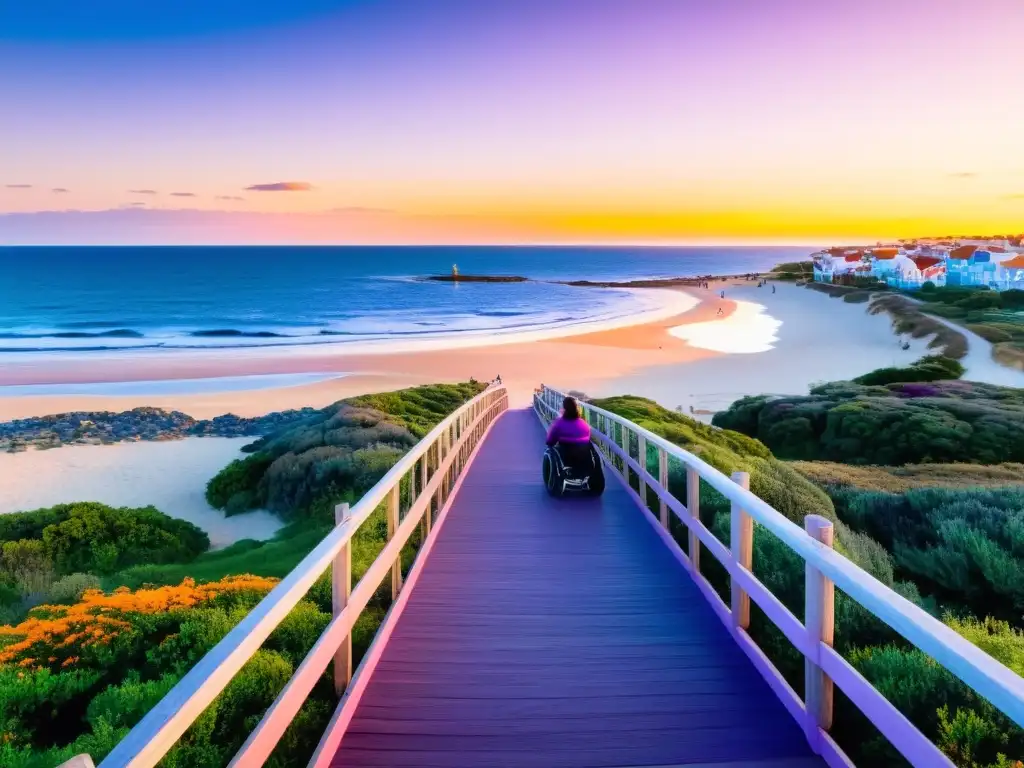 Diversos turistas disfrutan de la accesibilidad turística en Uruguay, admirando el atardecer sobre la accesible y pintoresca costa de Montevideo