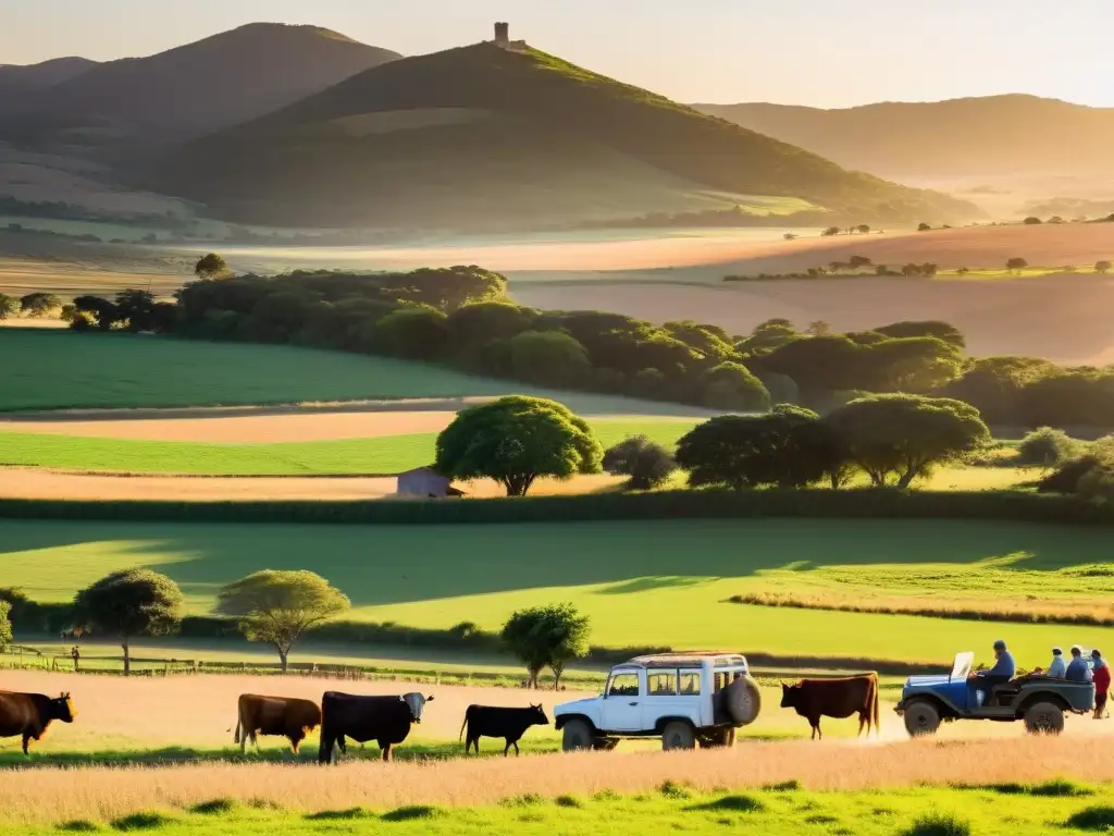 Turistas disfrutando de actividades de turismo comunitario en Uruguay, en un atardecer dorado entre campos verdes y ganado