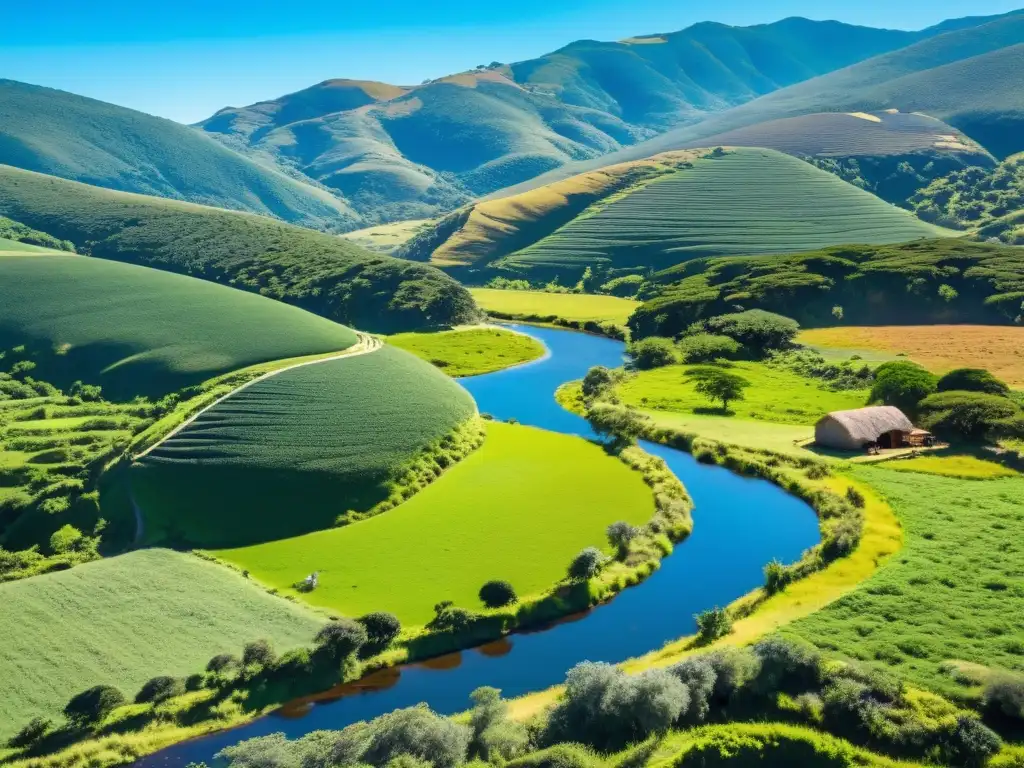 Turistas y agricultores en medio del desarrollo rural sostenible en Uruguay, un paisaje de granjas eco-amigables y belleza serena bajo el sol dorado