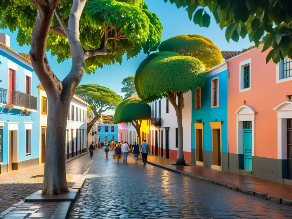 Turistas exploran la antigua ciudad de Colonia del Sacramento, sus calles empedradas y faro histórico, bajo un cielo azul brillante