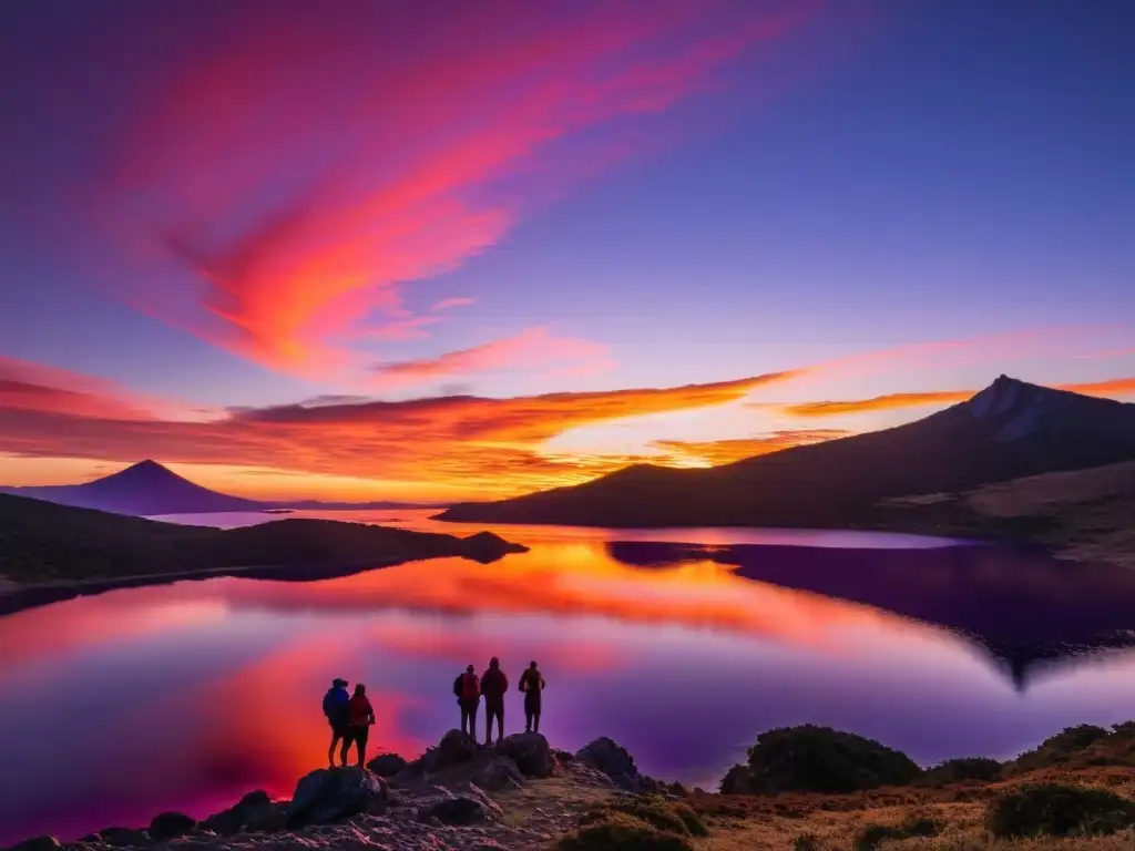 Turistas de aventura silueteados ante un atardecer deslumbrante en el Misterioso Monte Ombúes en Uruguay, inmortalizando su travesía entre alturas