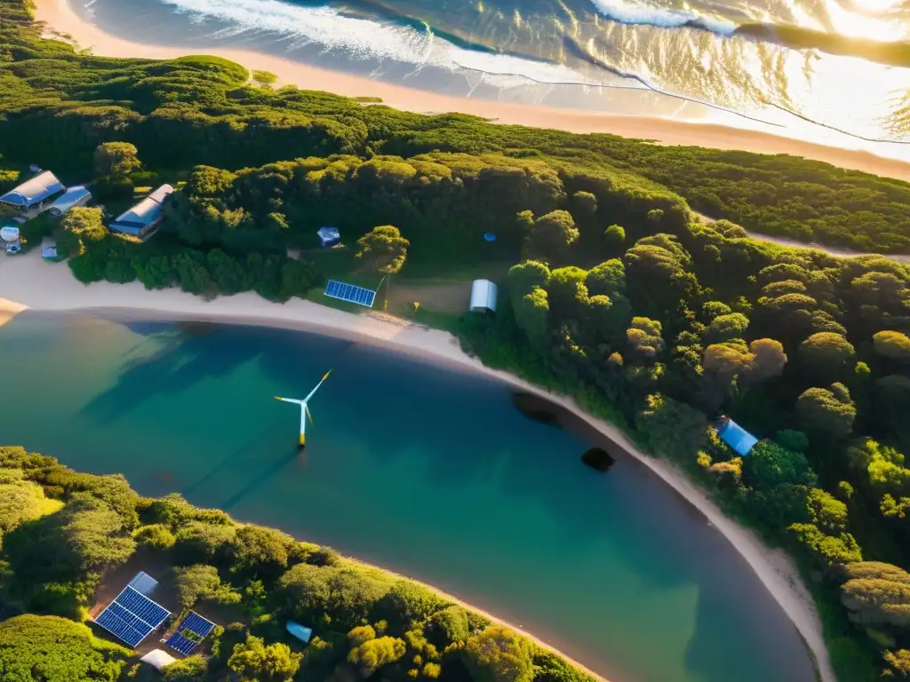 Turistas recogiendo basura en la playa, rodeados de los beneficios de alojamientos sostenibles en Uruguay, con un atardecer dorado y energía renovable