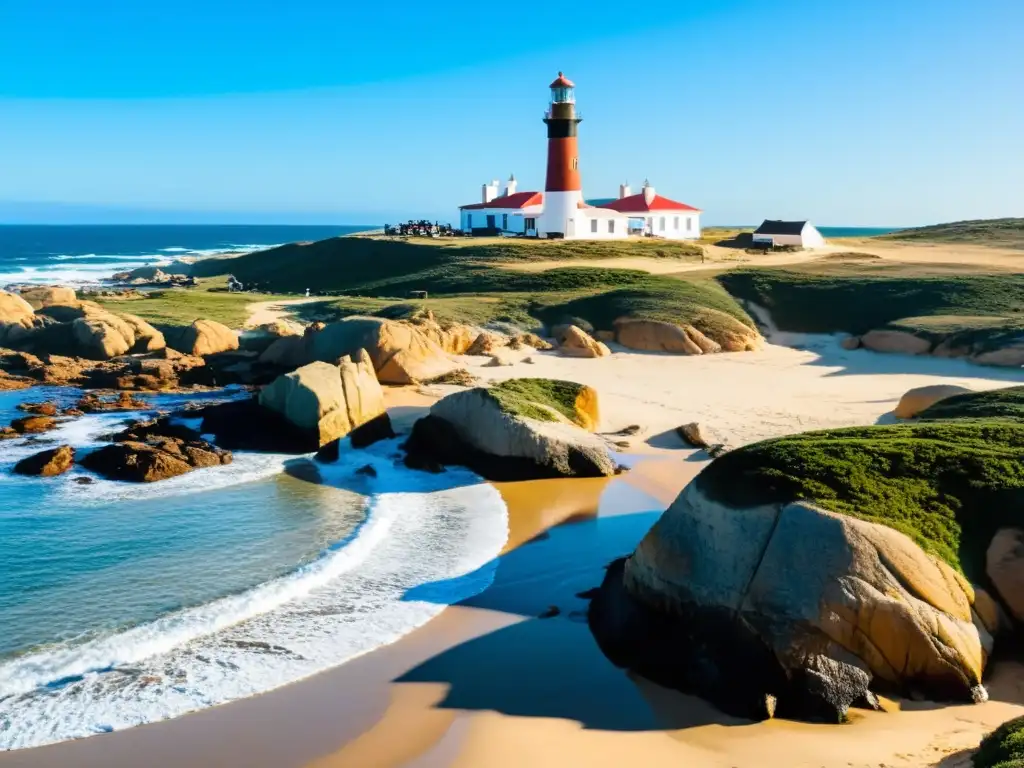 Turistas disfrutando de la belleza natural virgen de Cabo Polonio, Uruguay, con actividades al aire libre, rodeados del faro prominente, leones marinos, la vibrante vegetación y el océano bajo un cielo al atardecer