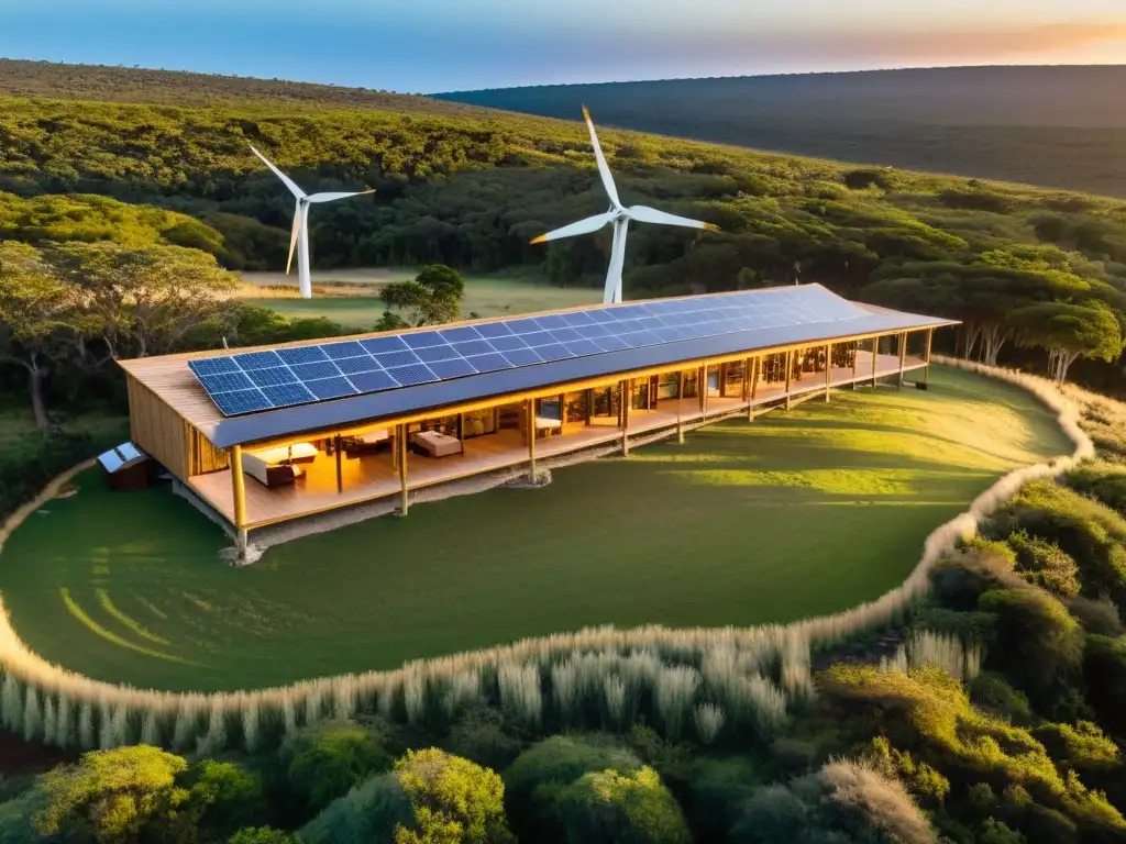 Turistas disfrutando los beneficios de alojamientos sostenibles en Uruguay, relajándose en un ecolodge al atardecer