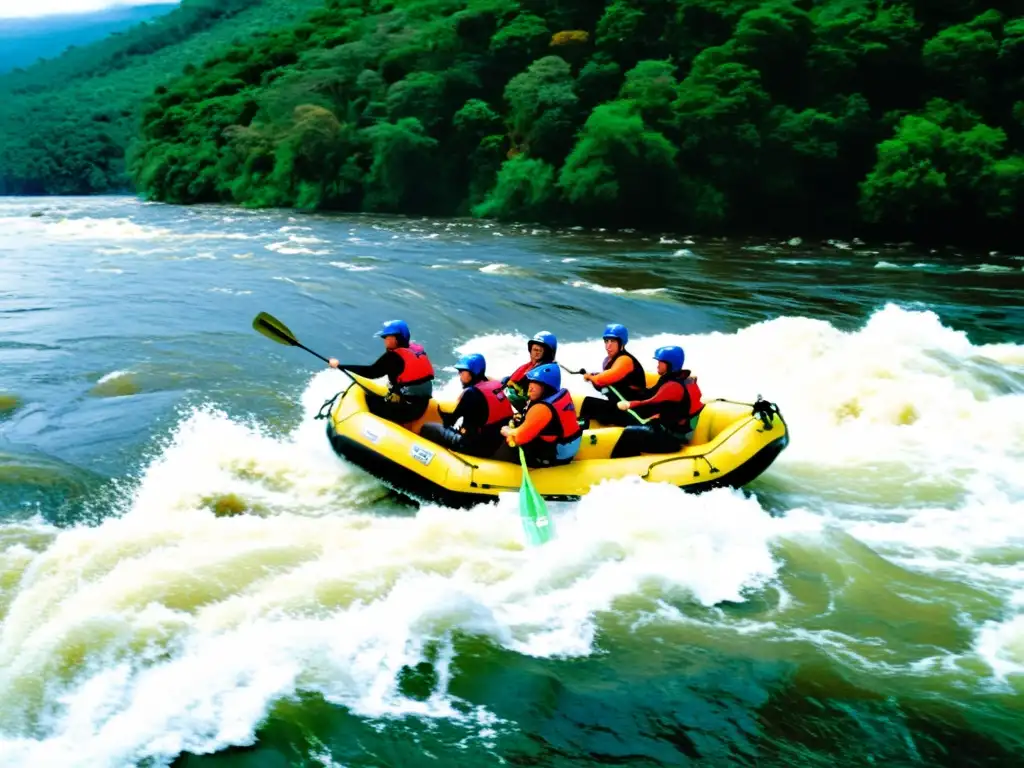 Turistas emocionados haciendo turismo de aventura en Uruguay, desafiando el río Negro en balsa y volando en tirolina, bajo un bosque dorado