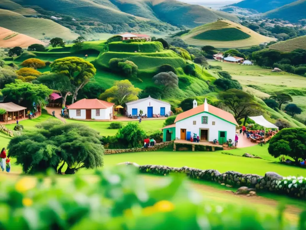 Turistas disfrutando y aprendiendo en proyectos de turismo comunitario Uruguay, entre casas coloridas y jardines, bajo un cielo anaranjado