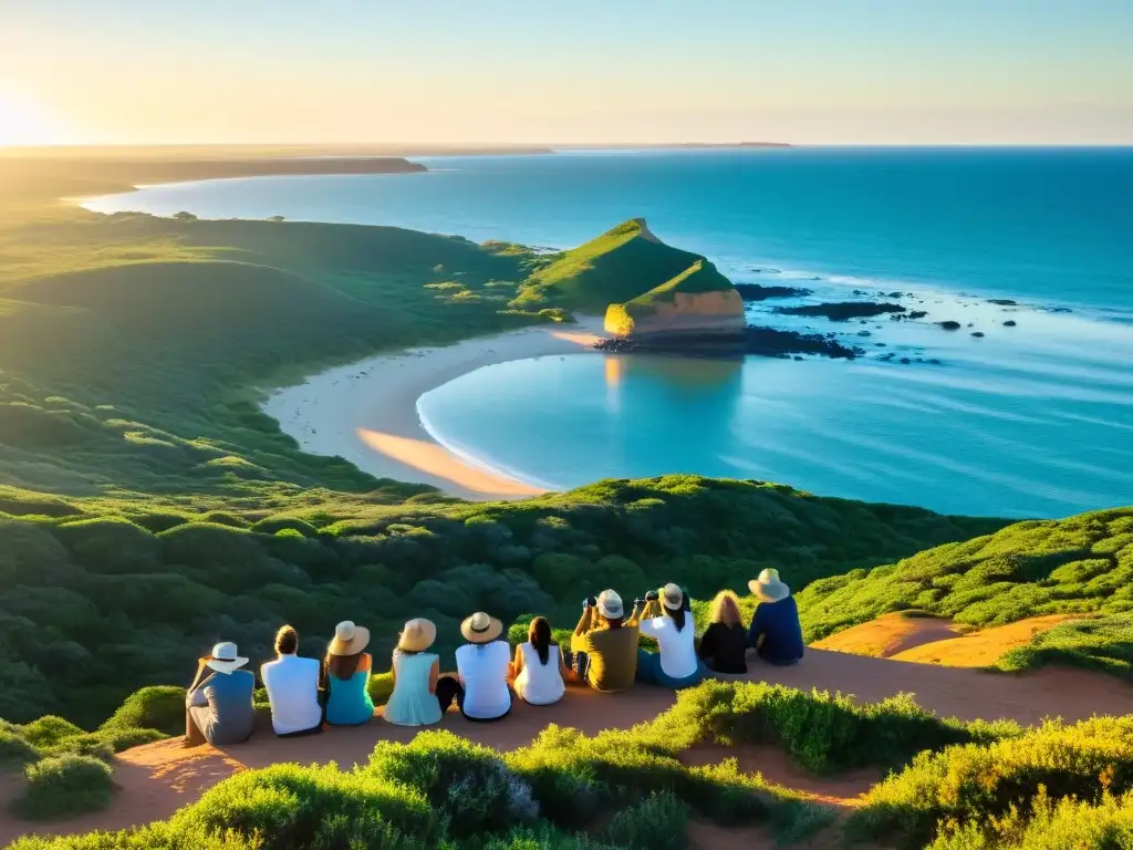 Turistas responsables admirando el atardecer dorado en Rocha, Uruguay, paraíso ecológico entre colinas verdes y costa azul prístina