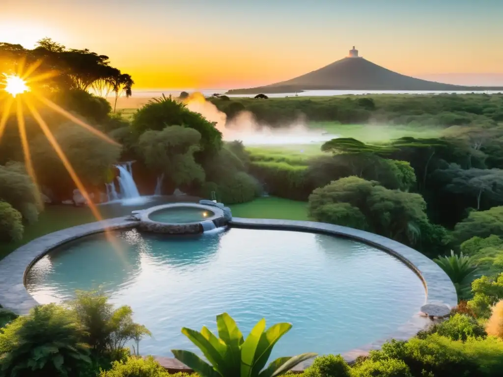 Turistas relajándose en una spa termal en Uruguay al atardecer, reflejando los tonos rosados y dorados del cielo