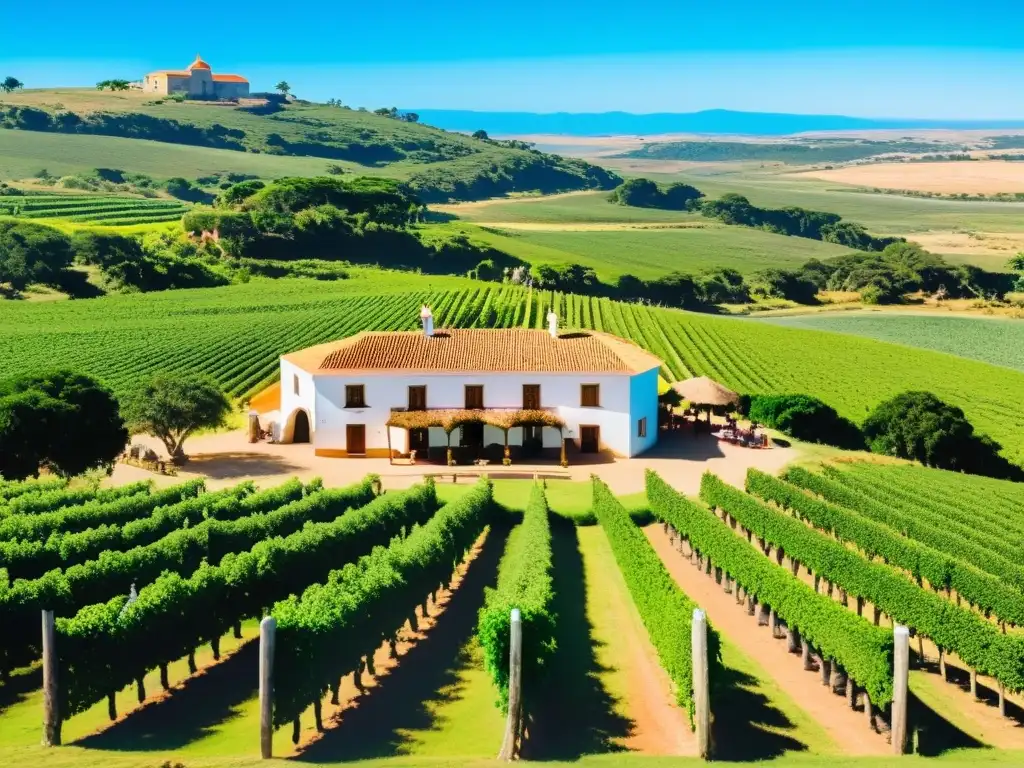 Turistas disfrutando de los viñedos y la cultura local en una rústica hacienda, ejemplo del desarrollo rural sostenible en Uruguay