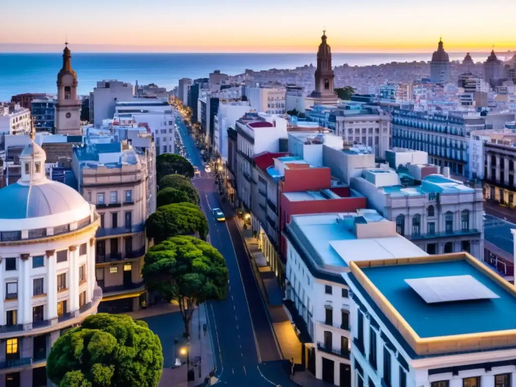 Fotografía urbana Montevideo consejos: Amanecer dorado destacando la arquitectura histórica y moderna, calles vibrantes y el sereno Río de la Plata