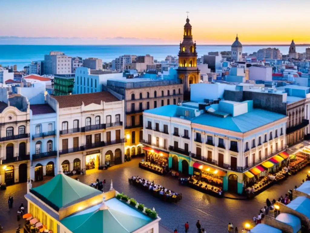 Fotografía urbana Montevideo consejos: Calle empedrada llena de vida, cultura rica y colores vibrantes bajo un cielo ardiendo en atardecer dorado