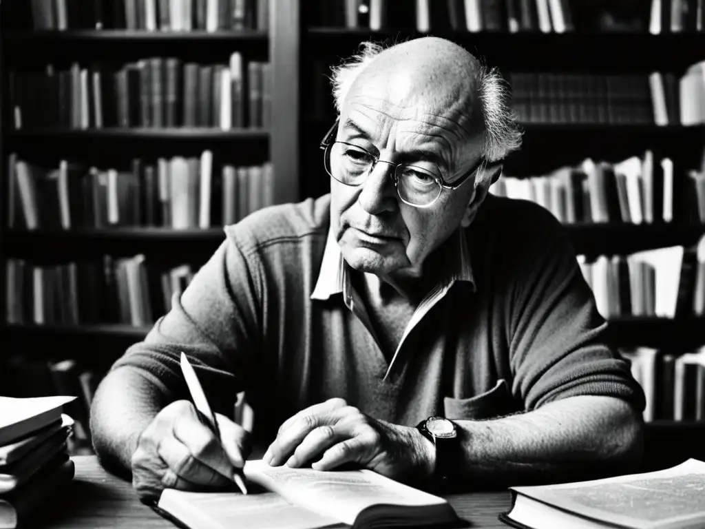 Eduardo Galeano retrató cultura uruguaya: imagen en blanco y negro del escritor, absorto en la lectura, rodeado de cultura y dedicación