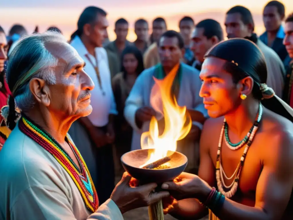 Chamán uruguayo, en vistosa vestimenta, practica costumbres espirituales populares en Uruguay con devotos locales observando atentamente