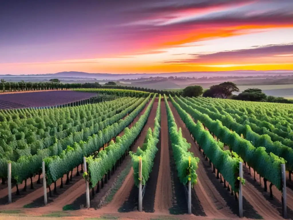 Sommelier inspeccionando uvas en un viñedo uruguayo al atardecer, con maridaje gastronomía vinos uruguayos listos para degustar