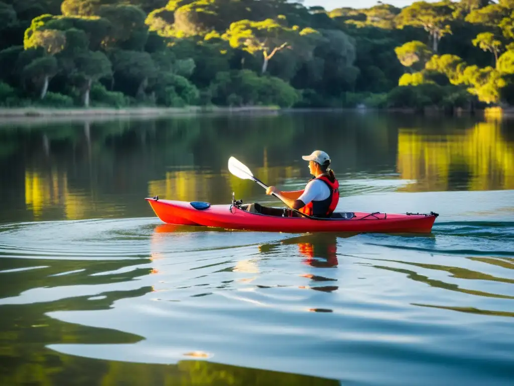 Valiente aventurero en paseos en kayak por el Río Uruguay, surcando aguas doradas al atardecer, en armonía con la naturaleza