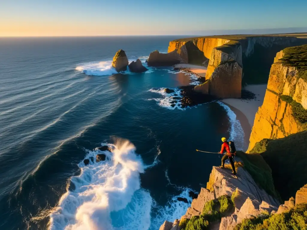 Valiente aventurero practicando rapel en acantilados de Uruguay, frente a un mar azul profundo y un sol dorado